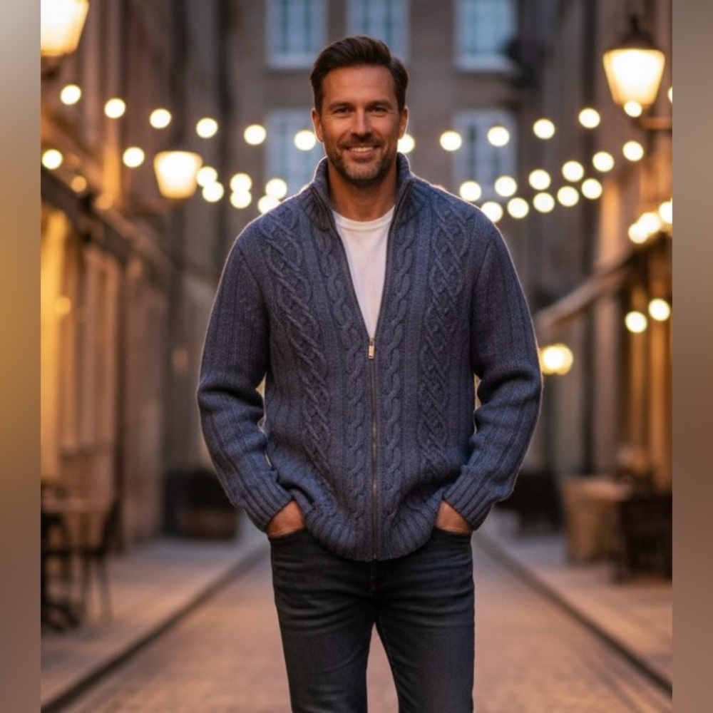 Cherokee rich grey zip-up knitted sweater 80% lamb wool, standup collar, XL